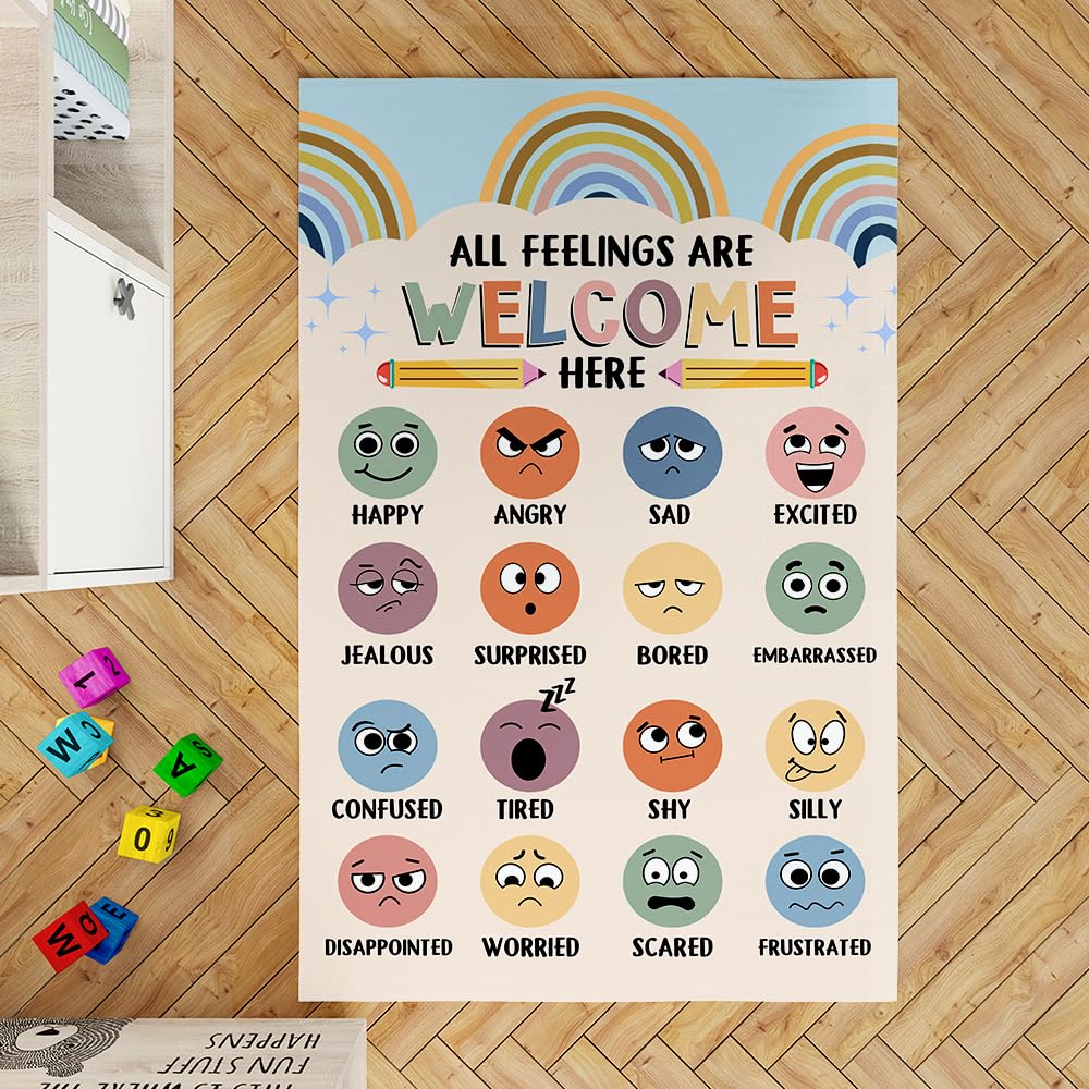 Feelings Chart Rug, Mental Health Rug, Classroom Rugs, Classroom Rugs Elementary, Classroom Furniture Elementary, Abc Floor Mat Anti-skid Rug for School & Learning Area, Student Colorful Rug (3x5ft)