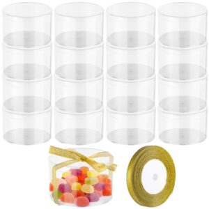 omistar 16 pcs round acrylic plastic cases with lids, 3.1 x 3.1 x 1.9 inches small plastic boxes, transparent clear containers, mini storage display boxes with glitter ribbon for candy jewelry treats