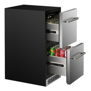 15 inch outdoor refrigerator,under counter double drawer beverage fridge,3.39 cu.ft.stainless steel waterproof built-in freezer for patio kitchen,silver&black drawer fridge indoor outdoor use