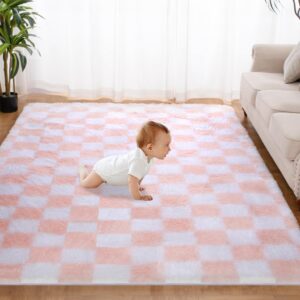 super soft rug for bedroom, 5x7 ft pink and white area rug classic checkered shaggy rug anti-skid high pile soft fluffy rug fuzzy carpet for living room bedroom kids room nursery, dorm home decor