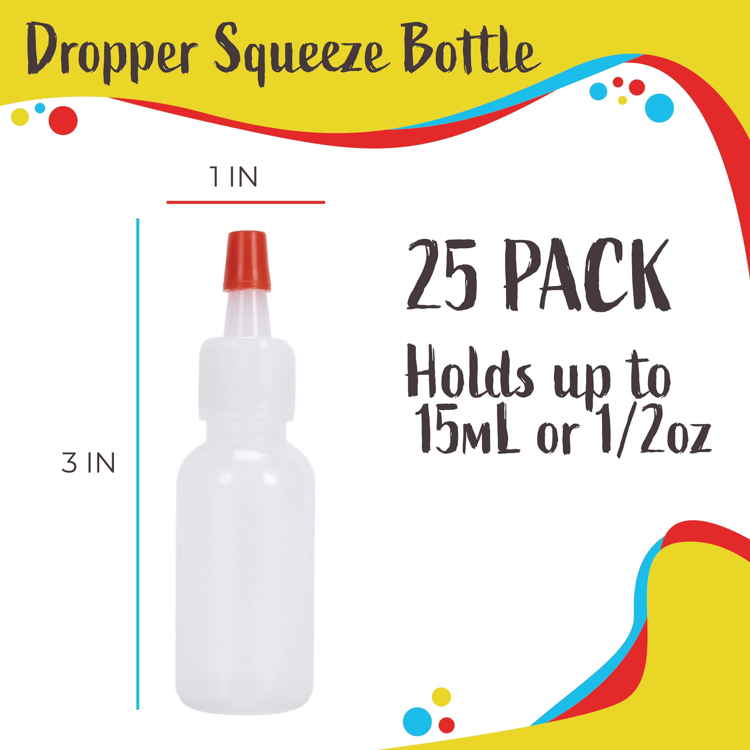 Plastic Boston Round Squeeze Bottles, ½oz/15mL Dropper Bottle with Yorker Red Tip Caps, 25 Pack Squirt Bottles for Liquids, for Crafting & Paints, Condiment Bottles for Sauces, Dressing, Oil, Honey