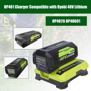 2 Pack 6000mAh 40 Volt Lithium ion OP40602 Battery Replacement for Ryobi 40V Battery and Charger kit Compatible with Ryobi 40 Volt Battery OP4026 OP40601 OP4050 and OP401 40V Battery Charger (Green)