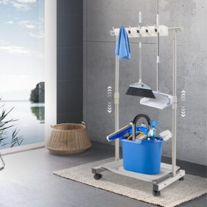 CheriMuMu Broom mop Holder, Movable Put Wet Mops Floor Standing Cleaning Tool Rack, Stainless Steel Cleaning Supplies Organizer for Schools Hospitals Factories Hotels Restaurant, 6 Hook and 5 Slots