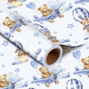 lezakaa gift wrapping paper roll - mini roll - blue teddy bear hot air balloon design for baby boy birthday, baby shower - 17 inches x 32.8 feet (46.45 sq.ft.)