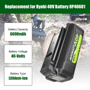 2 Pack 6000mAh 40 Volt Lithium ion OP40602 Battery Replacement for Ryobi 40V Battery and Charger kit Compatible with Ryobi 40 Volt Battery OP4026 OP40601 OP4050 and OP401 40V Battery Charger (Green)