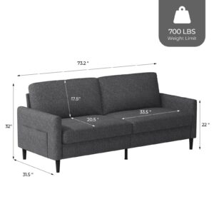 COPIAE 73" Loveseat Couches for Living Room, High Resilience Deep Seat Sofa, Wooden Frame 2 Seat Sofa Couch with Side Pockets& Linen Fabric Cover, Modern Comfy Couch with Track-Arm for Bedroom, Grey