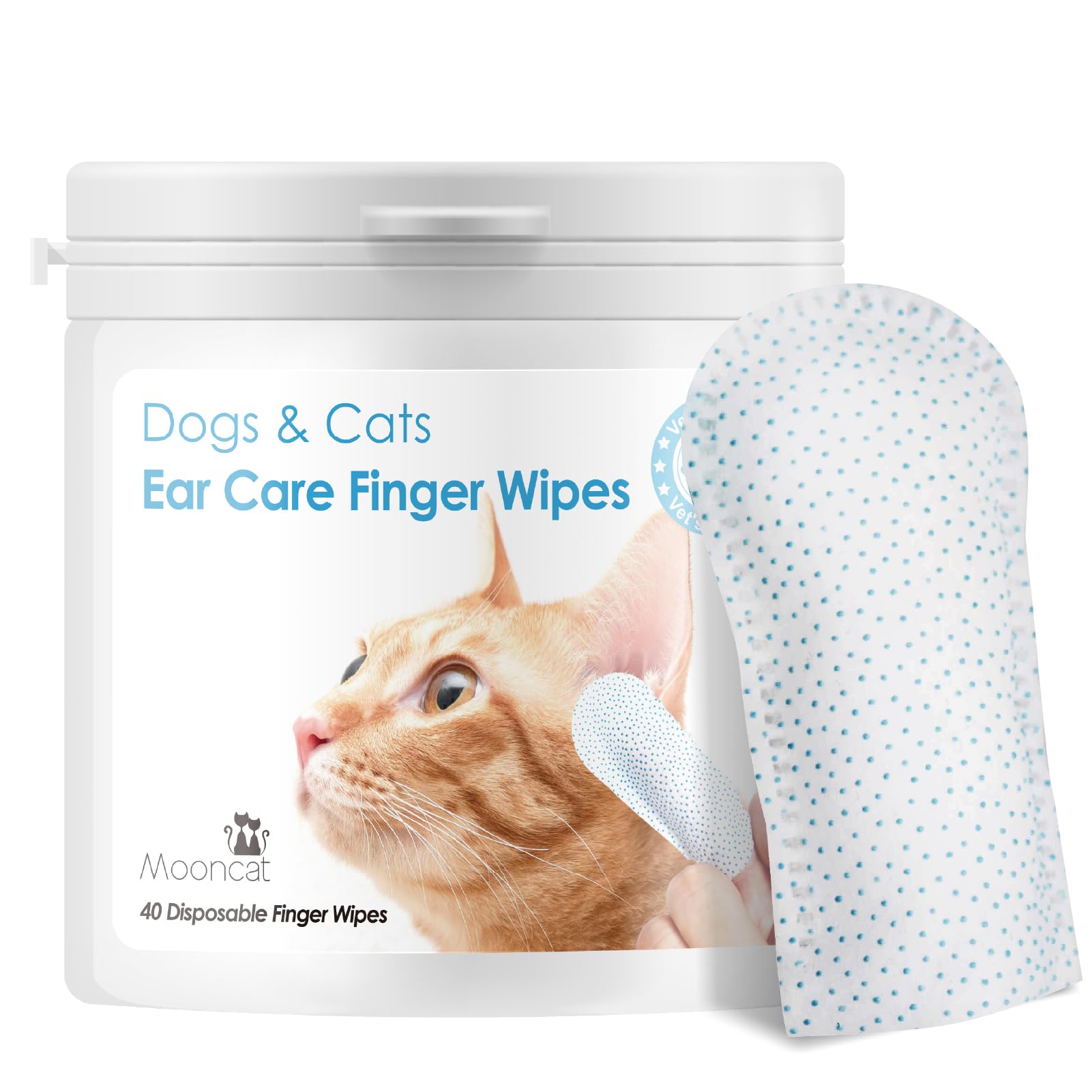 Mooncat Ear Cleaner Wipes｜Ear Cleansing Finger Wipes for Cats ｜Ear Wipes for Cats｜Dog Grooming Supplies｜Reduces Dirt and Cleans Wax Buildup｜Pet Ear Wash Wipes｜— 40 Finger Wipes