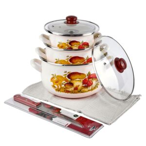 Mushrooms Enamel Belly Deep Stock Pot Set with Tempered Glass Lids Set of 3