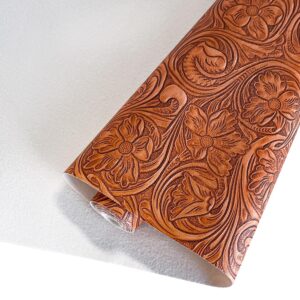 HYANG Orange Retro Floral Faux Leather Roll for Earrings Purses Making, 11.8" x 53" with Textured Synthetic Fabric Sheets for DIY Bows Wallet Sewing Crafts