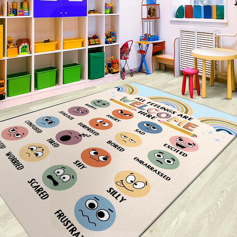 Feelings Chart Rug, Mental Health Rug, Classroom Rugs, Classroom Rugs Elementary, Classroom Furniture Elementary, Abc Floor Mat Anti-skid Rug for School & Learning Area, Student Colorful Rug (3x5ft)