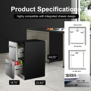 15 Inch Outdoor Refrigerator,Under Counter Double Drawer Beverage Fridge,3.39 Cu.Ft.Stainless Steel Waterproof Built-in Freezer for Patio Kitchen,Silver&Black Drawer Fridge Indoor Outdoor Use