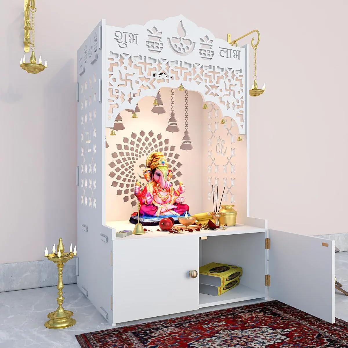 Homscape Divine Wooden Temple for Serenity with Spacious Shelf & Inbuilt Focus Light - White Color