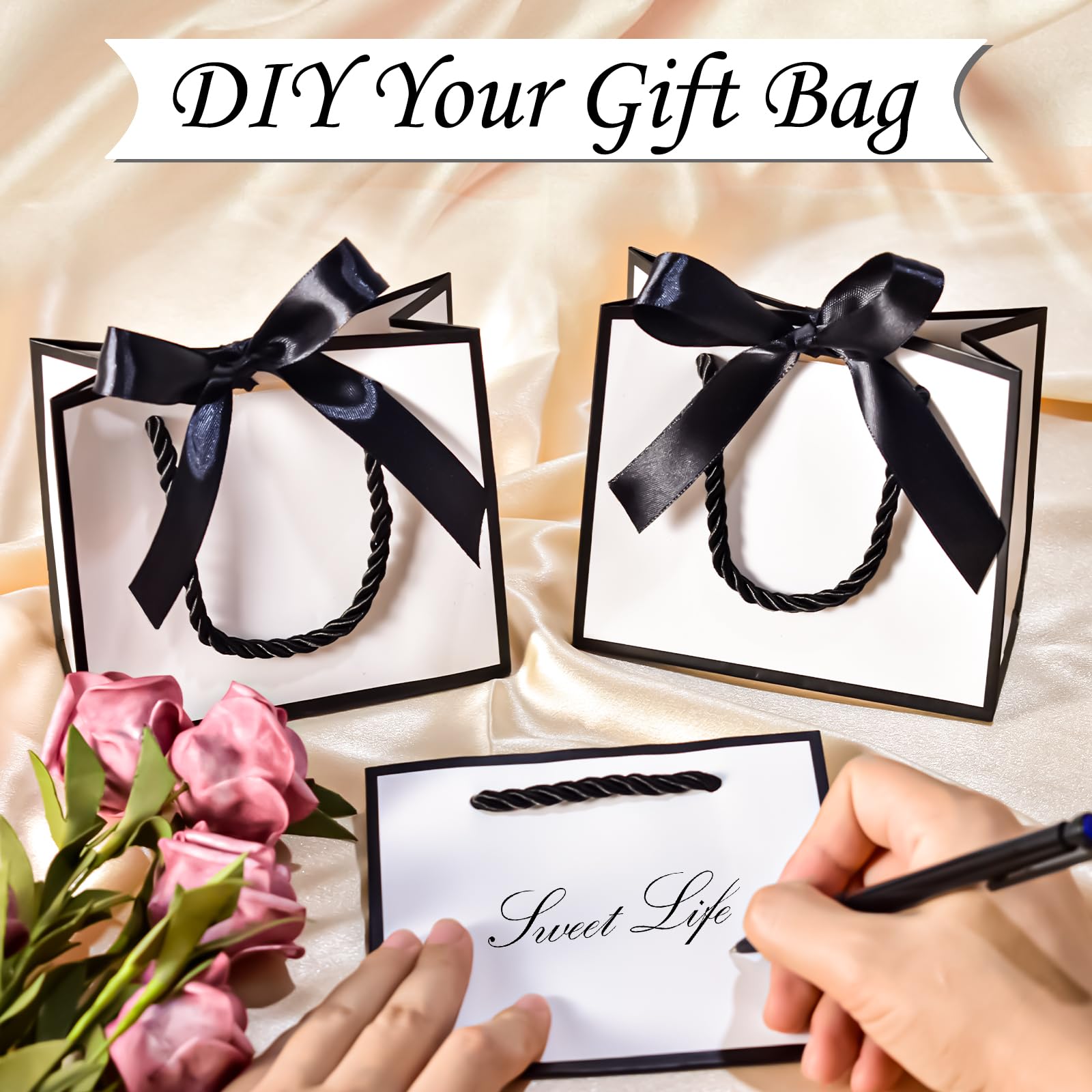 EQOREIIN 50 PCS Small Gift Bags with Handles,White Mini Bags,5.5x 2.5x4.7 Inches Small Thank You Gift Bags Bulk with Ribbon for Party Favors,Mother's Day, Goodie, Weddings,Baby Shower(White Black)