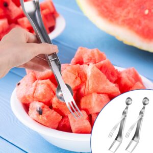 Tyqour 2pcs Stainless Steel Watermelon Fork Slicer 3-in-1double Head Portable Fruit Cutter Watermelon Cutter Tool, Fruit Fork Cut Watermelon for Family Parties Camping Kitchen Gadget