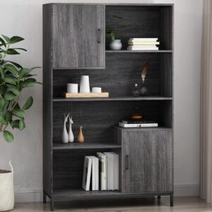 LUMIINOFAMI Book Case, 64.5'' Tall Bookshelf with 2 Storage Cabinets, 4 Tier Bookshelf with Storage, Cube Unit Bookcase with Doors Open Shelf Bookcase for Living Room Indoor Office(Dark Grey)