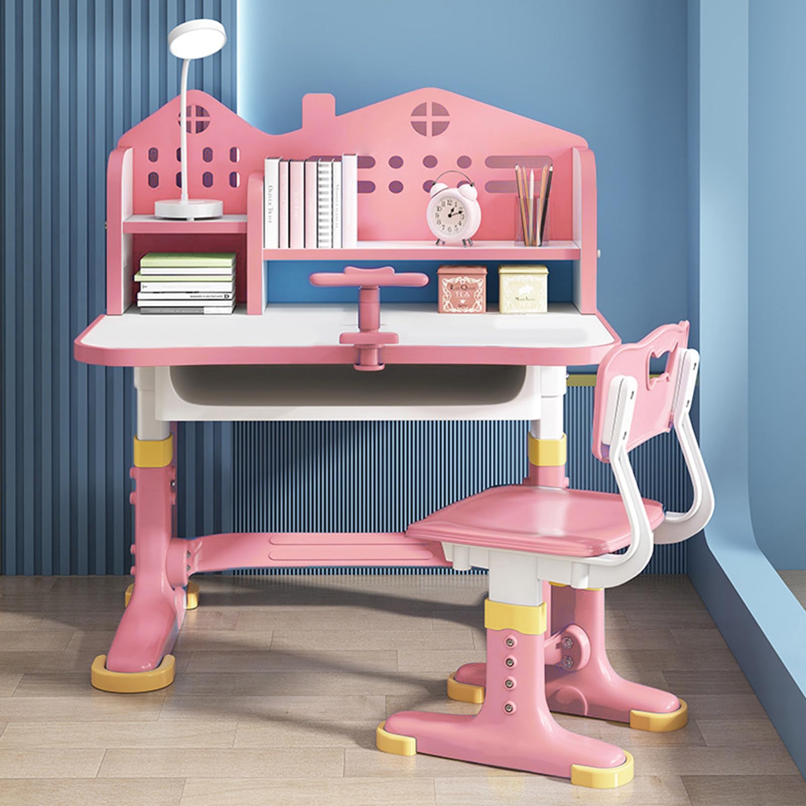 Hiborth Kids Adjustable Study Desk and Chair Set with Castle Backboard, Widened Desktop, and Bookstand