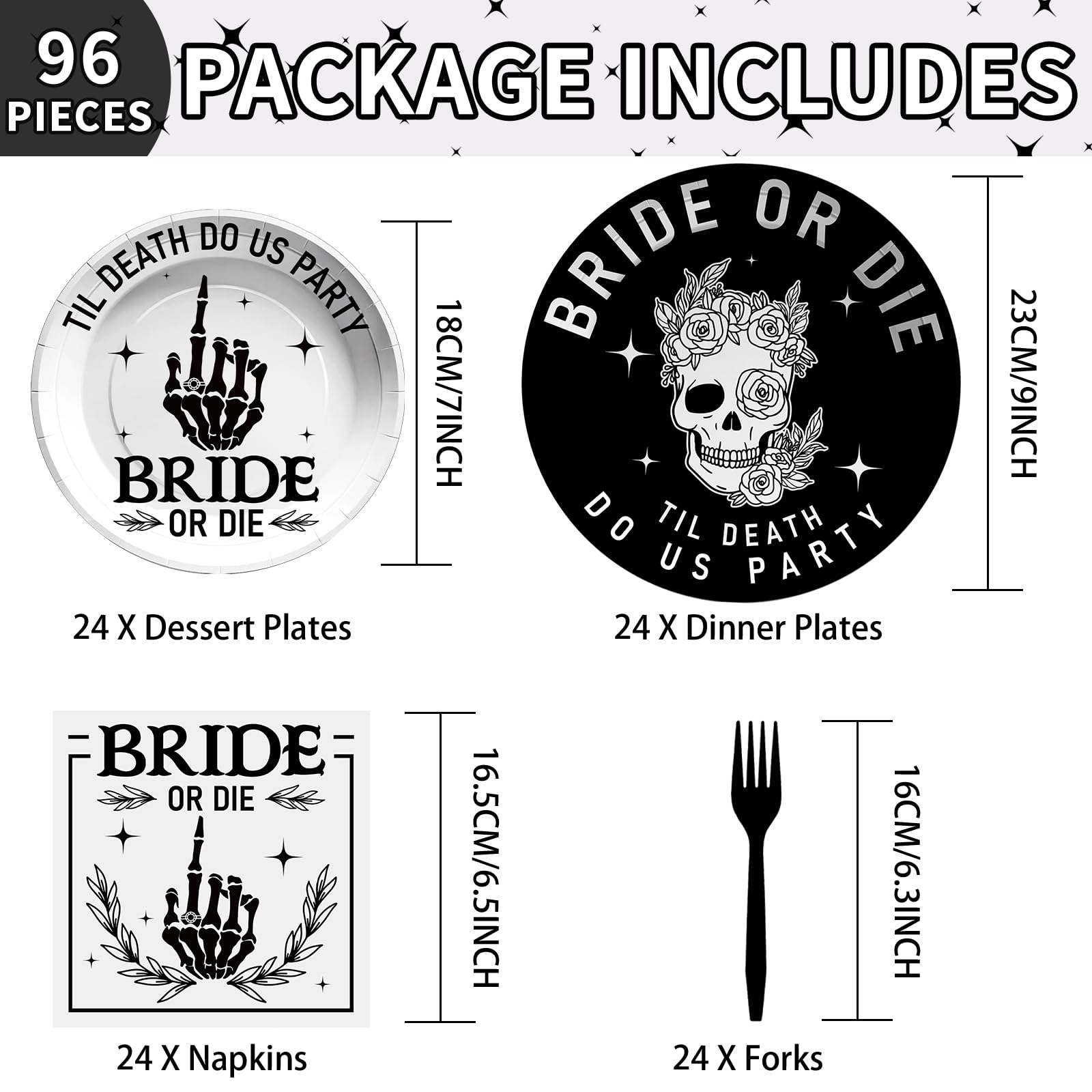 Bride or Die Bachelorette Party Decorations Tableware Se,96pcs Til Death Do Us Party Pater Plates and Napkins Skull Gothic for Bridal Shower Halloween Bachelorette Birthday Party Supplies Serves 24