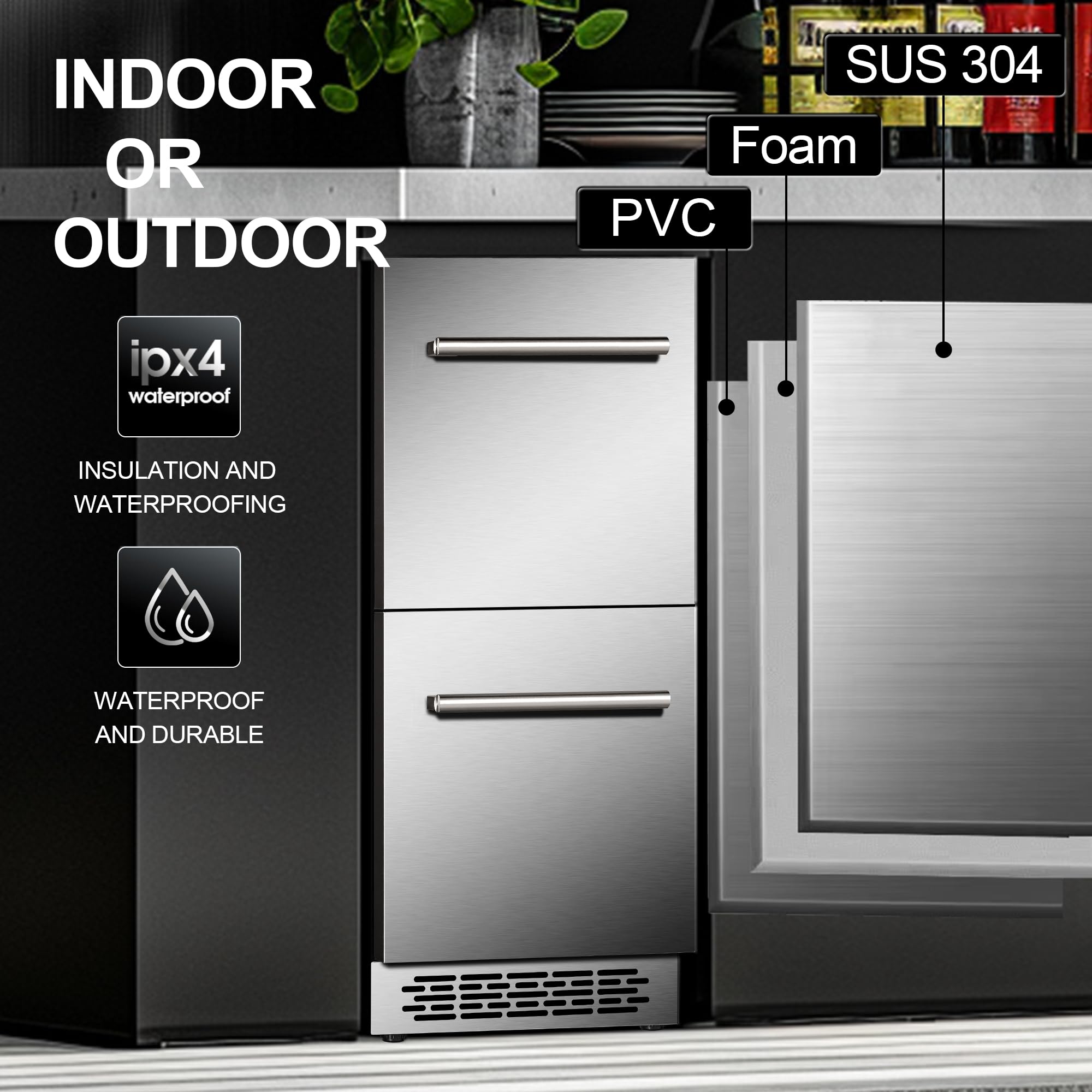 15 Inch Outdoor Refrigerator,Under Counter Double Drawer Beverage Fridge,3.39 Cu.Ft.Stainless Steel Waterproof Built-in Freezer for Patio Kitchen,Silver&Black Drawer Fridge Indoor Outdoor Use