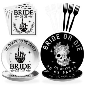 bride or die bachelorette party decorations tableware se,96pcs til death do us party pater plates and napkins skull gothic for bridal shower halloween bachelorette birthday party supplies serves 24