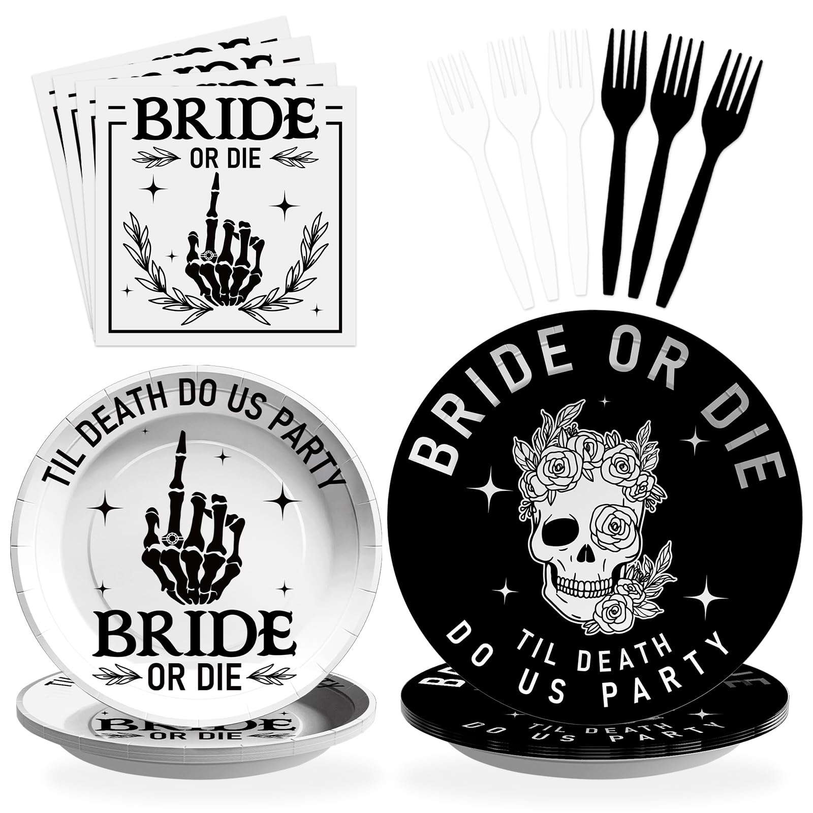 Bride or Die Bachelorette Party Decorations Tableware Se,96pcs Til Death Do Us Party Pater Plates and Napkins Skull Gothic for Bridal Shower Halloween Bachelorette Birthday Party Supplies Serves 24