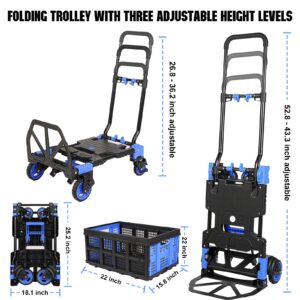 ITEFDTUTNE 2 in 1 Folding Hand Truck Dolly with Basket,330LBS Capacity Hand Cart Foldable, Folding Dolly Cart with Wheels, Collapsible Dolly, Hand Truck Foldable Dolly with Retractable Handle