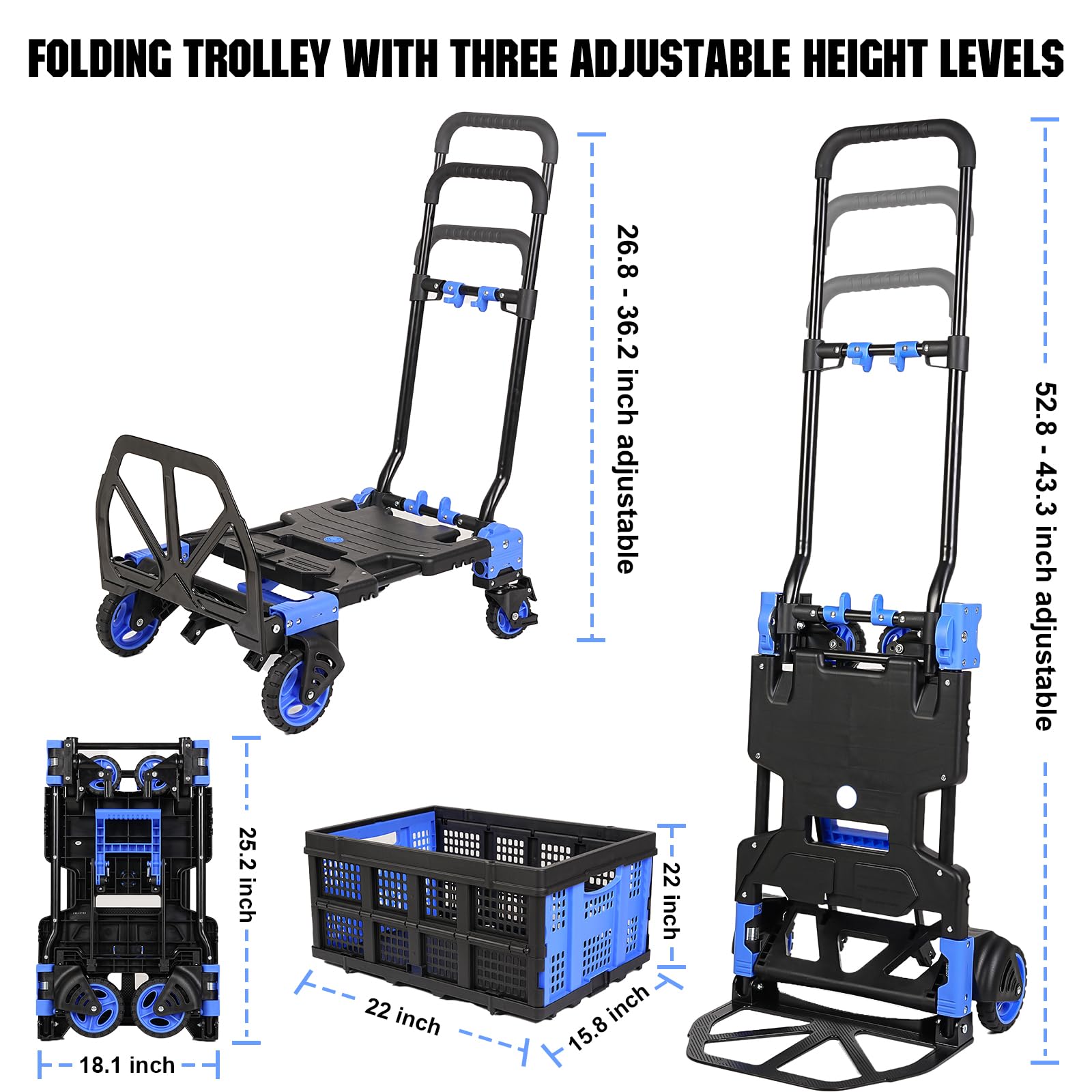 ITEFDTUTNE 2 in 1 Folding Hand Truck Dolly with Basket,330LBS Capacity Hand Cart Foldable, Folding Dolly Cart with Wheels, Collapsible Dolly, Hand Truck Foldable Dolly with Retractable Handle