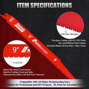 25 Pack 6/12 TPI 9 Inch Stud and Nail Sawzall Blades - Bi-Metal Reciprocating Blades for Cutting Nail-Embedded Wood, Metal, and PVC, with Storage Case