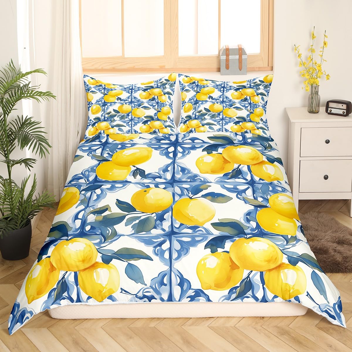 Feelyou Lemon Kids Duvet Cover Queen Size, Yellow Lemon Bedding Set Fruit Comforter Cover Blue Boho Bedspread Cover Kids Room Decor Breathable Quilt Cover (No Comforter)