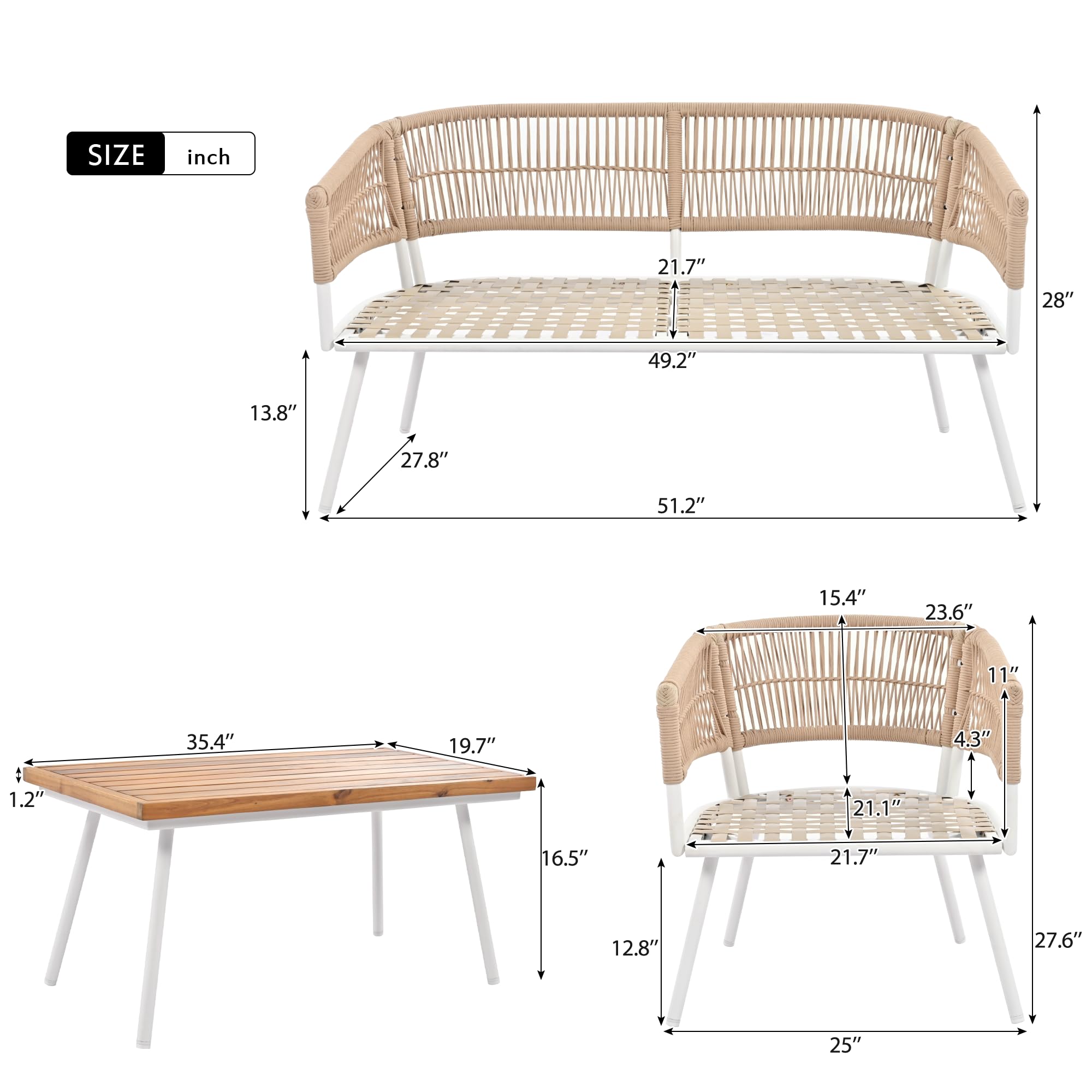 4-Piece Rope Patio Furniture Set, Outdoor Sofa with Acacia Wood Coffee Table, Patio Conversation Set with Deep Seating & Thick Cushion for Backyard Porch Balcony, Beige