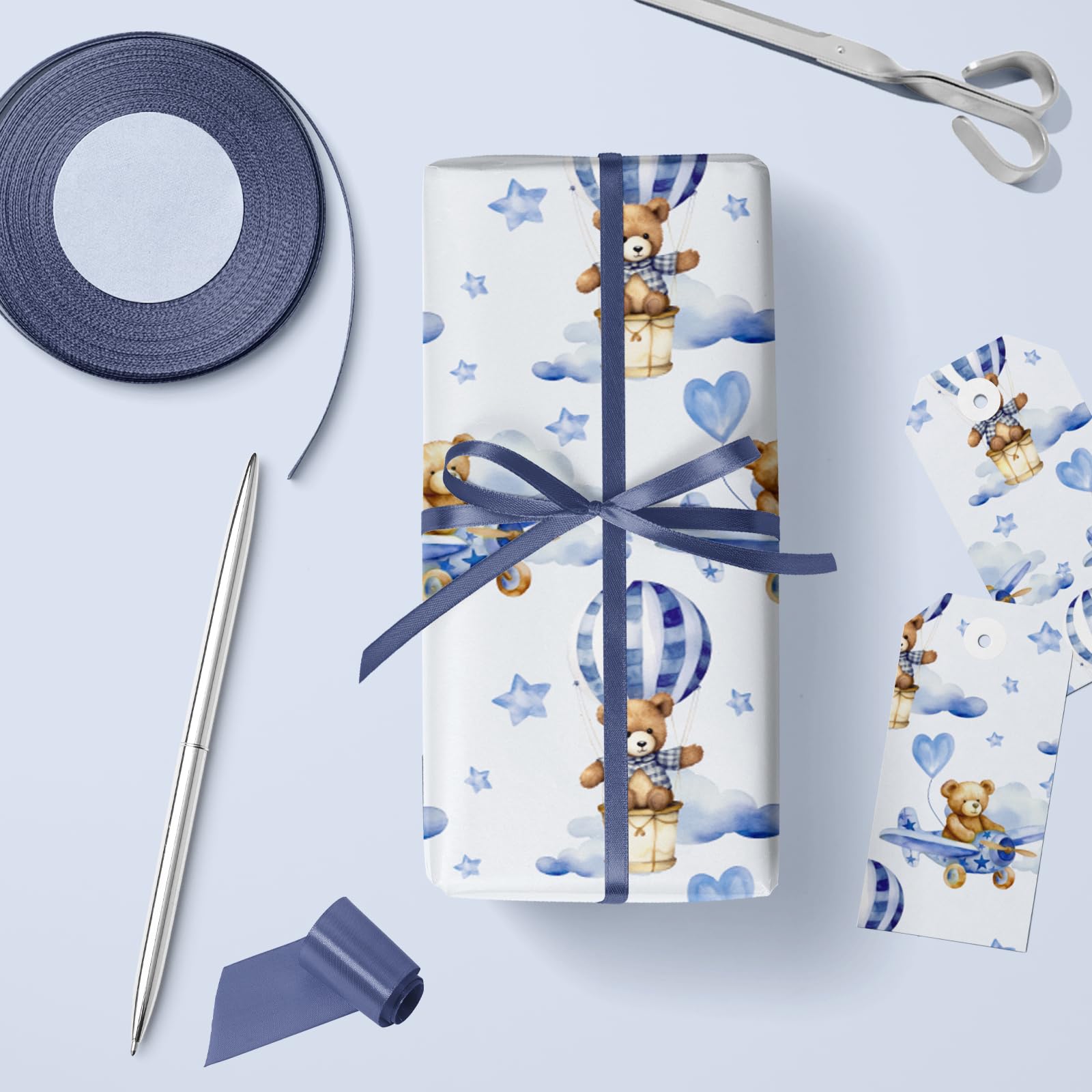 LeZakaa Gift Wrapping Paper Roll - Mini Roll - Blue Teddy Bear Hot Air Balloon Design for Baby Boy Birthday, Baby Shower - 17 inches x 32.8 Feet (46.45 sq.ft.)