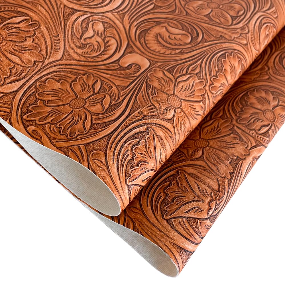 HYANG Orange Retro Floral Faux Leather Roll for Earrings Purses Making, 11.8" x 53" with Textured Synthetic Fabric Sheets for DIY Bows Wallet Sewing Crafts