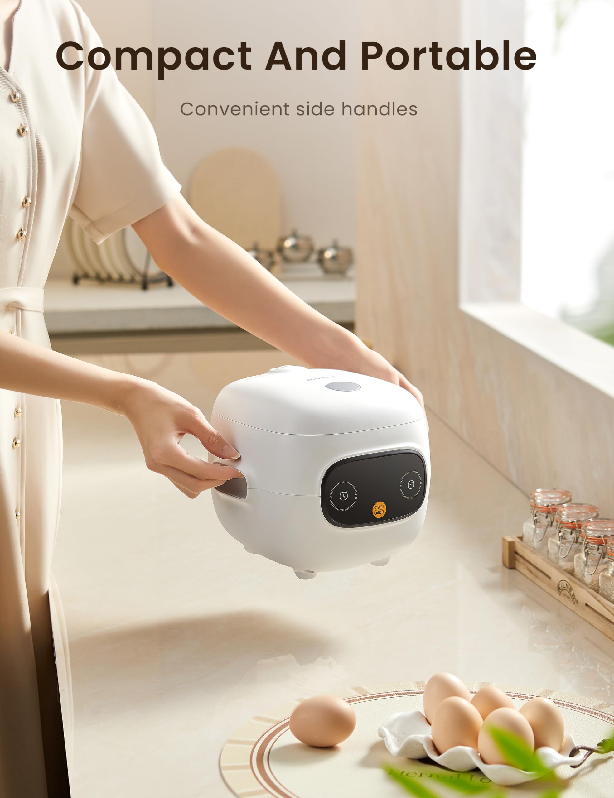 COMFEE' Mini Rice Cooker 4 Cups Cooked/2 Cups Uncooked, Portable Non-Stick rice maker, 24 hours Timer Delay, 6 Functions, Fast Cooker, Brown Rice, Oatmeal, White