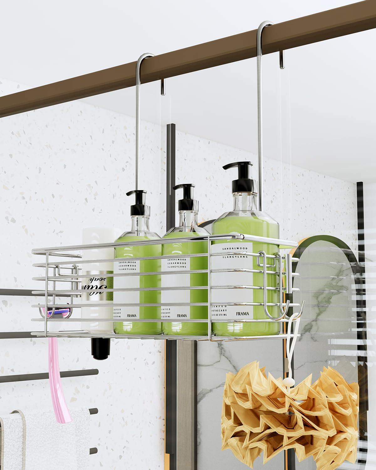 QIHS Shower Caddy Hanging Hanging Bathroom Door Organizer Shampoo Holder Shower Armpit Swivel Arm With 2 Storage Hooks, 304 Stainless Steel Rust Resistant