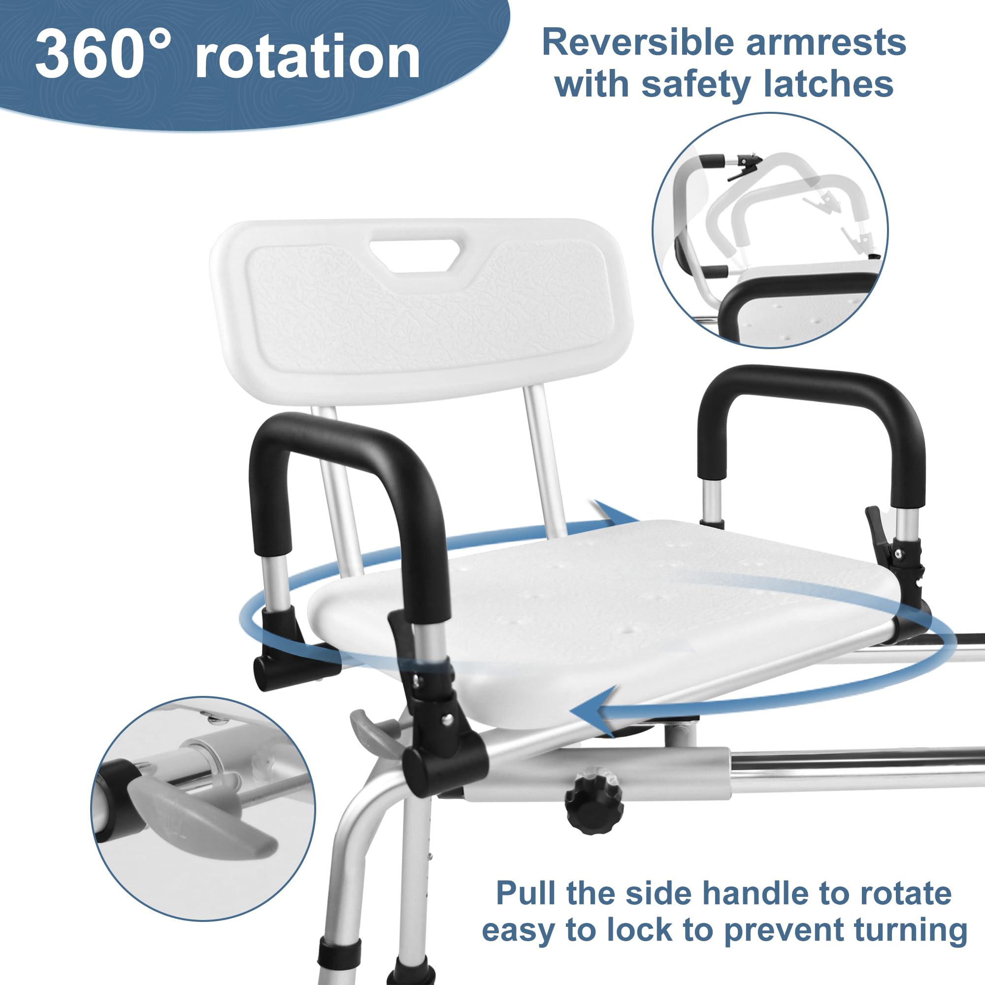 EOSPRIM Sliding Shower Chair Tub Transfer Bench with 360° Swivel Seat, Height Adjustable, Pivoting Arms, 400 Lbs Capacity, for Elderly Disabled and Handicap, Ideal for Bathtubs and Showers (White, L)