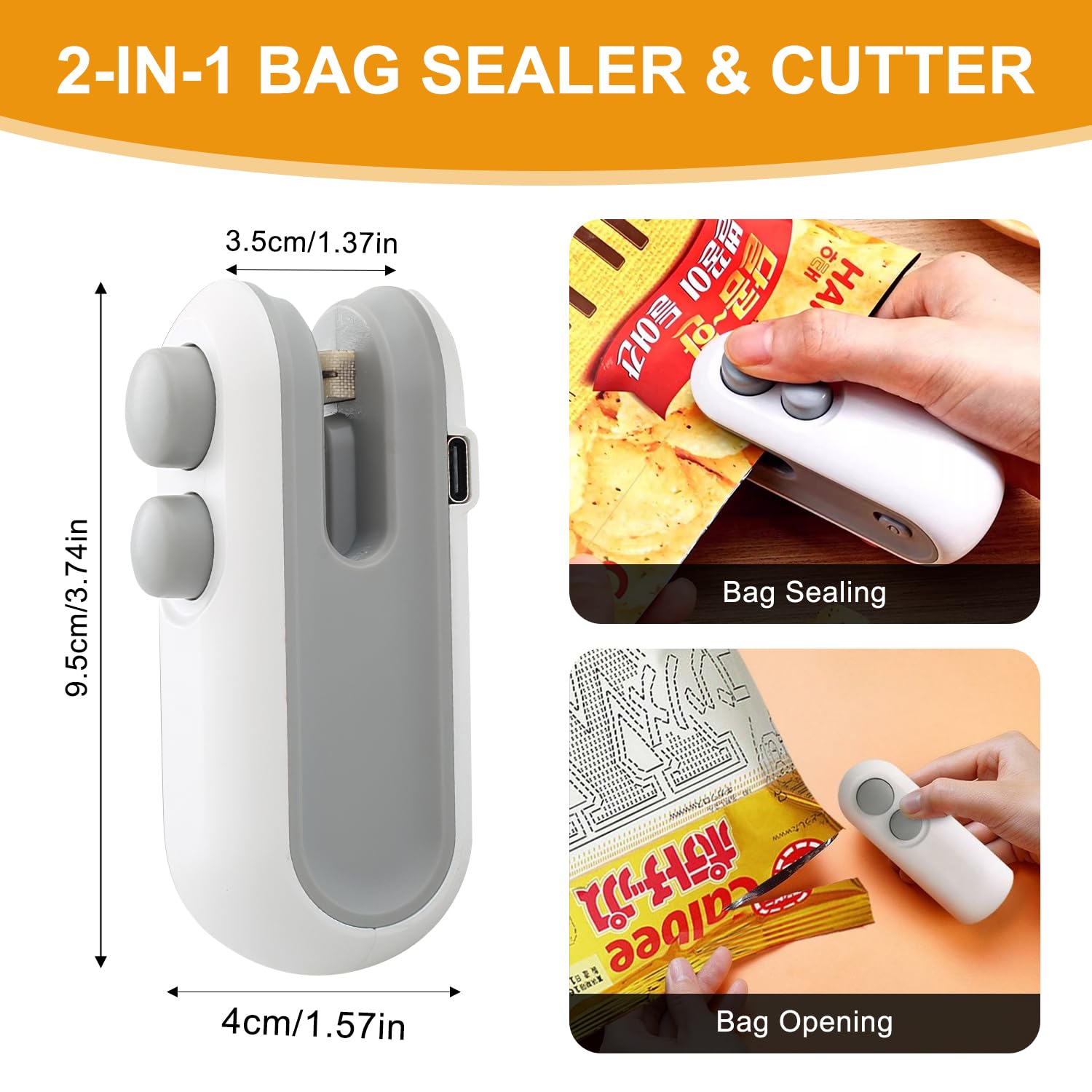 2Pcs Mini Bag Sealer, Rechargeable Heat Sealer, 2 in 1 Chip Bag Sealer & Cutter, Mini Bag Resealer Machine, Portable Handheld Food Sealer for Plastic Bags Snacks Bags Food Storage, White