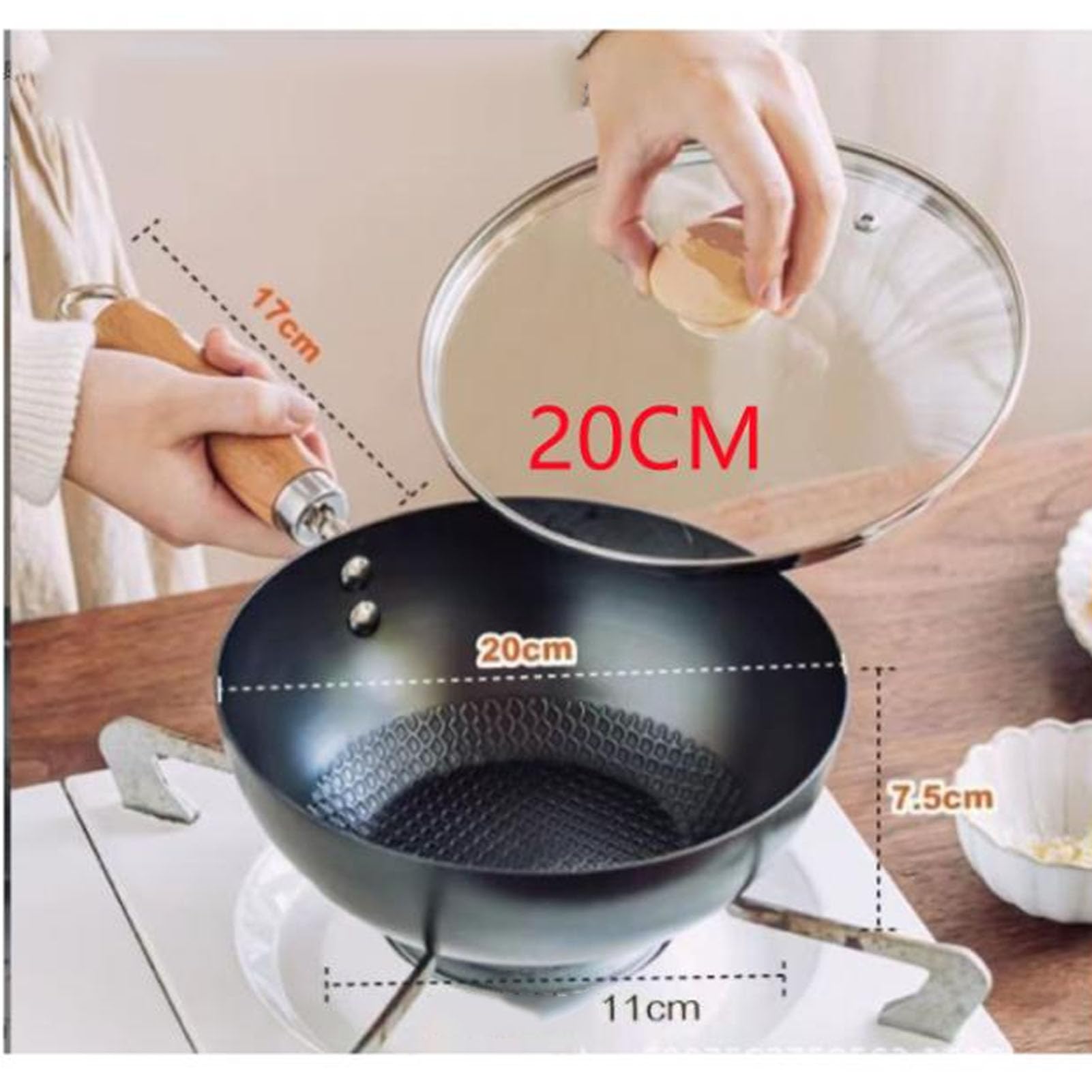 Kuuleyn Carbon Steel Wok Stir - Fry Pans Set with Lid Chinese Wok Even Heating Thick Coated Multifunctional Iron Pot with Convenient Handle for Daily Home Cooking (20cm)