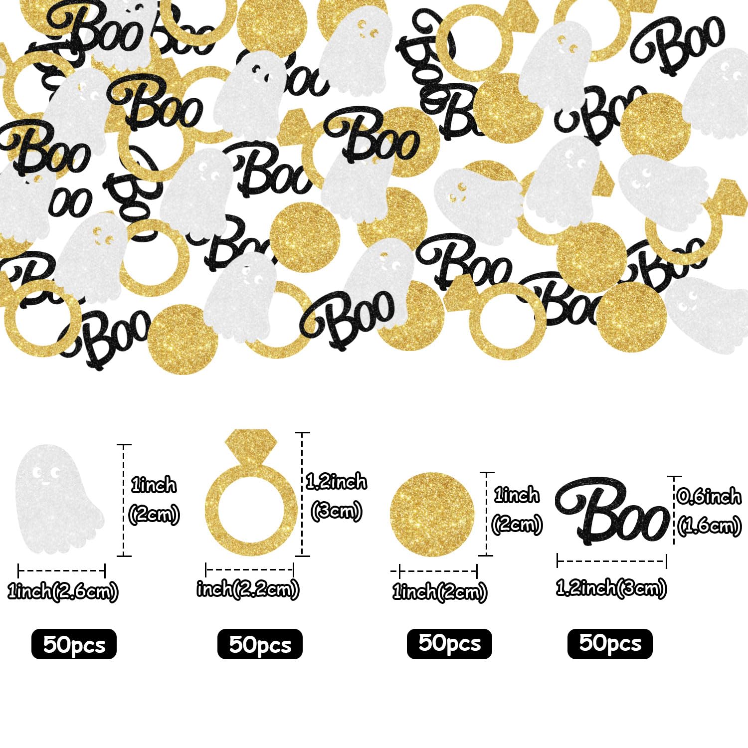 200Pcs Halloween She Found Her Boo Themed Bridal Shower Confetti Gold Black Ghost Diamond Ring Confetti Halloween Table Decorations for Halloween Bridal Shower Engagement Wedding Party Decor Supplies