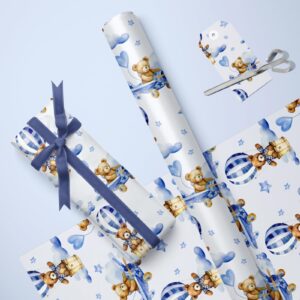 LeZakaa Gift Wrapping Paper Roll - Mini Roll - Blue Teddy Bear Hot Air Balloon Design for Baby Boy Birthday, Baby Shower - 17 inches x 32.8 Feet (46.45 sq.ft.)