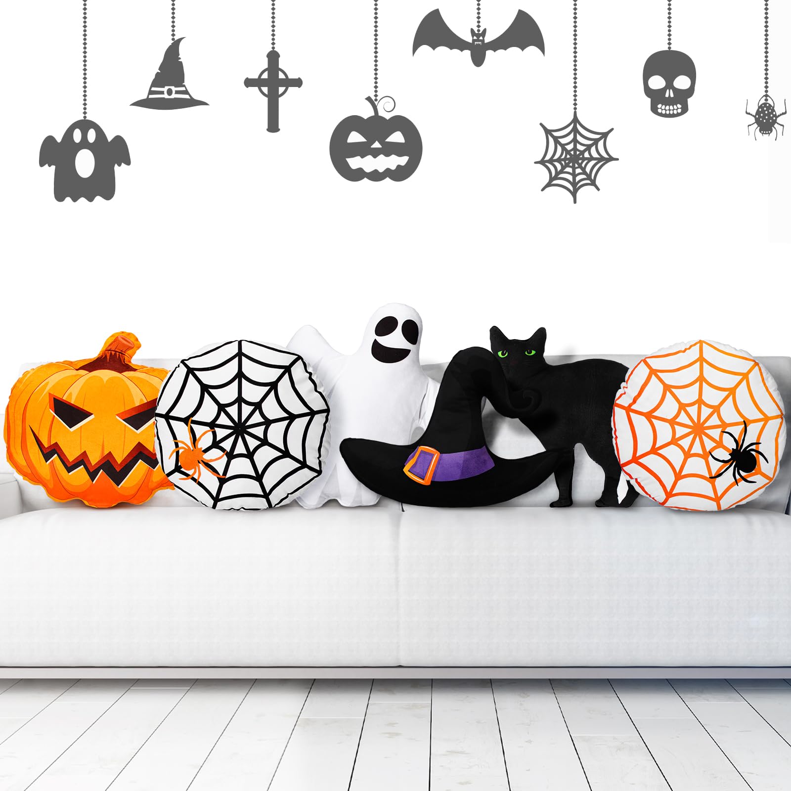 Qunclay 6 Pcs Halloween Pillows Pumpkin Throw Pillow Black Cat Witch Hat Ghost Spider Web Shaped Plush Pillow Halloween Throw Pillows Halloween Decor for Sofa Bed Children Party Gift Stuffed Plush