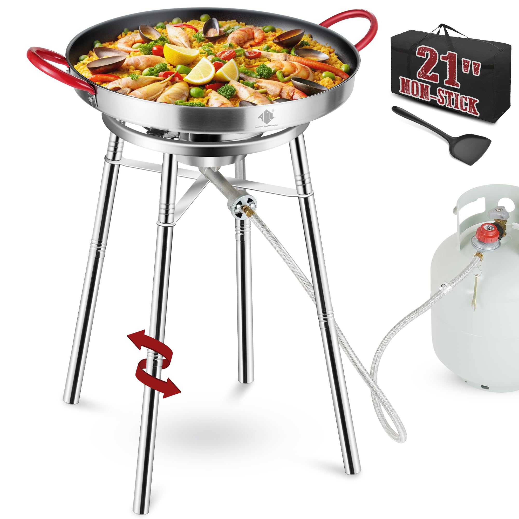 ARC Nonstick Paella Pan, Stainless Steel Paella Burner and Stand Set, Paella Pan Set with Propane Burner Head, Carry Bag, Wok Spatula, Foldable Brackets Perfect for Stockpot, Wok (21 in - 16 Servings)