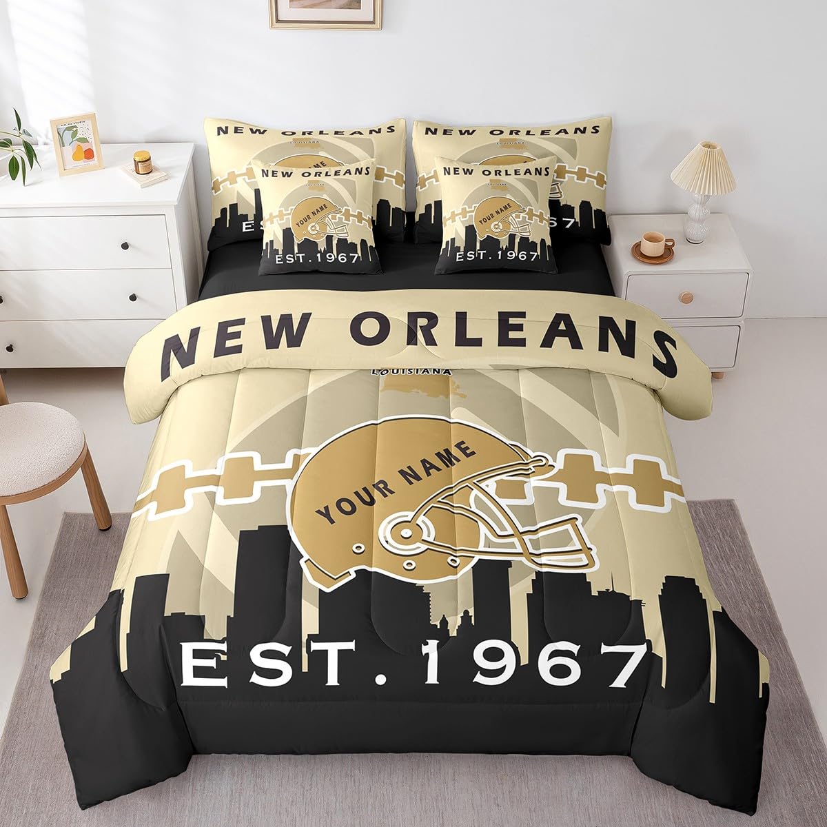 Erosebridal 7 Pcs Comforter Set King Size,Personalized Rugby Bed in a Bag with Flat Sheet and Fitted Sheet for Kids and Adults,Football Player Bedding Set with Pillowcase and Sham(New Orleans)