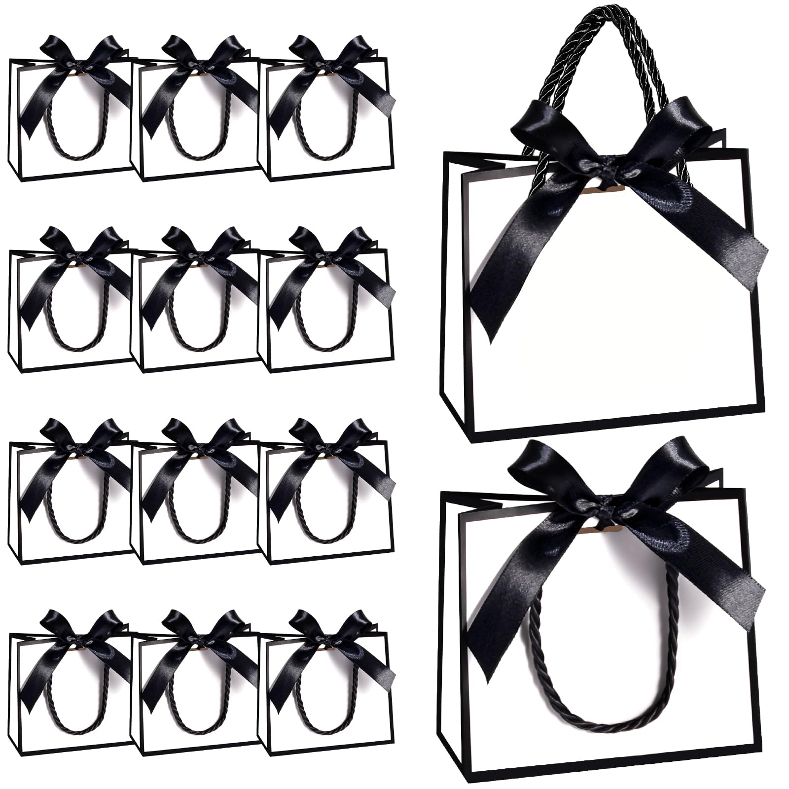 EQOREIIN 50 PCS Small Gift Bags with Handles,White Mini Bags,5.5x 2.5x4.7 Inches Small Thank You Gift Bags Bulk with Ribbon for Party Favors,Mother's Day, Goodie, Weddings,Baby Shower(White Black)