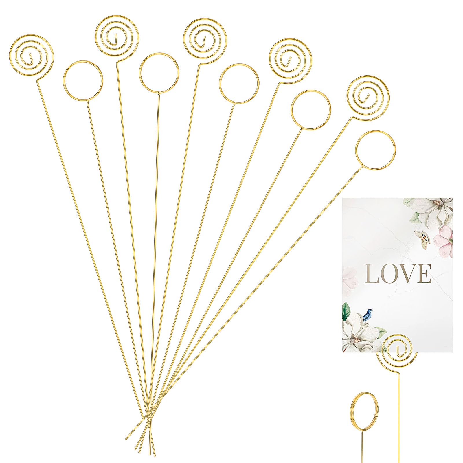 20PCS Gold Flower Card Holder Stick 13.1 Inch Circle Swirl Round Place Card Holders Clip Metal Wire Floral Picks Picture Holders for Table Numbers Wedding Party Birthday Memo Bouquet DIY