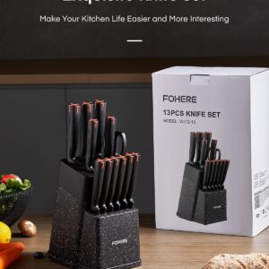 FOHERE Knife Set with Block 13 Pieces Stainless Steel Knife Sets for Kitchen with Built-in Sharpener Sharp Kitchen Knife Block Set with Granite Pattern, Anti-slip Handle Rust Resistant, Black