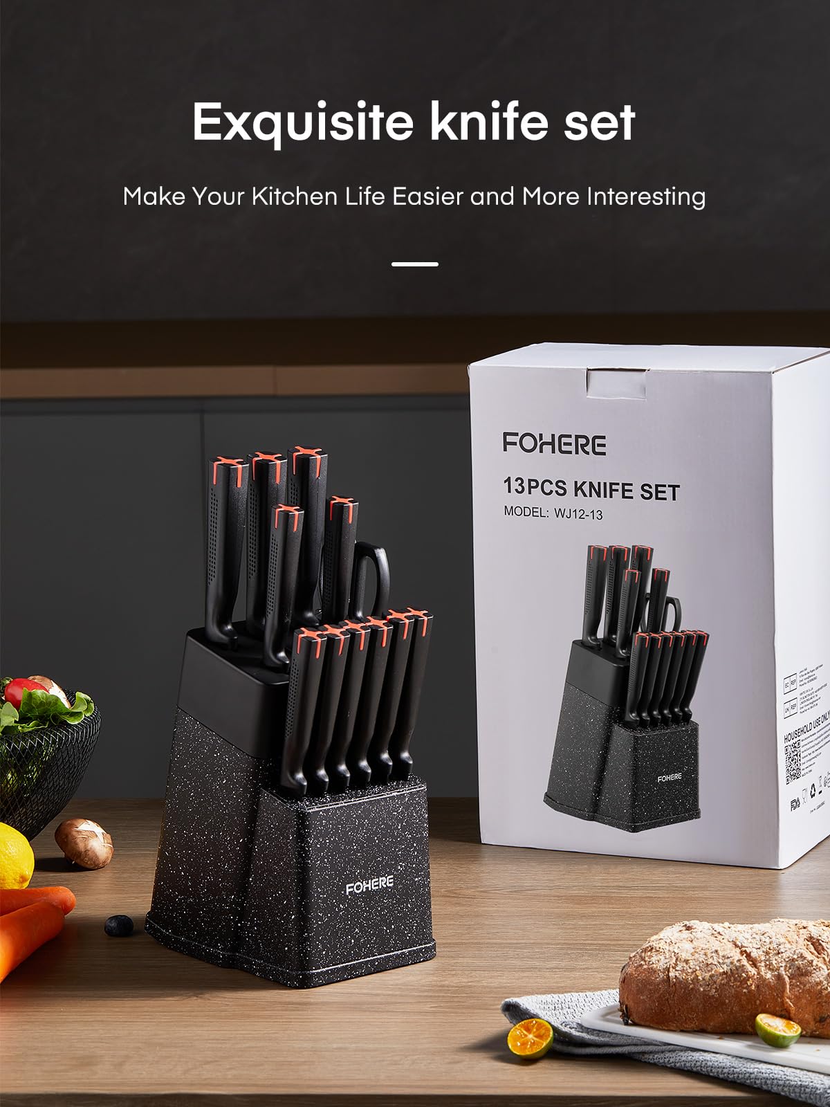 FOHERE Knife Set with Block 13 Pieces Stainless Steel Knife Sets for Kitchen with Built-in Sharpener Sharp Kitchen Knife Block Set with Granite Pattern, Anti-slip Handle Rust Resistant, Black