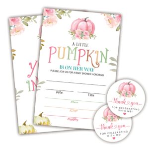 ketsord 20 baby shower invitations & thank you stickers - a little pumpkin is on her way invites, envelopes and adhesive round thank you stickers, gender reveal, baby announcement party favor (a07)