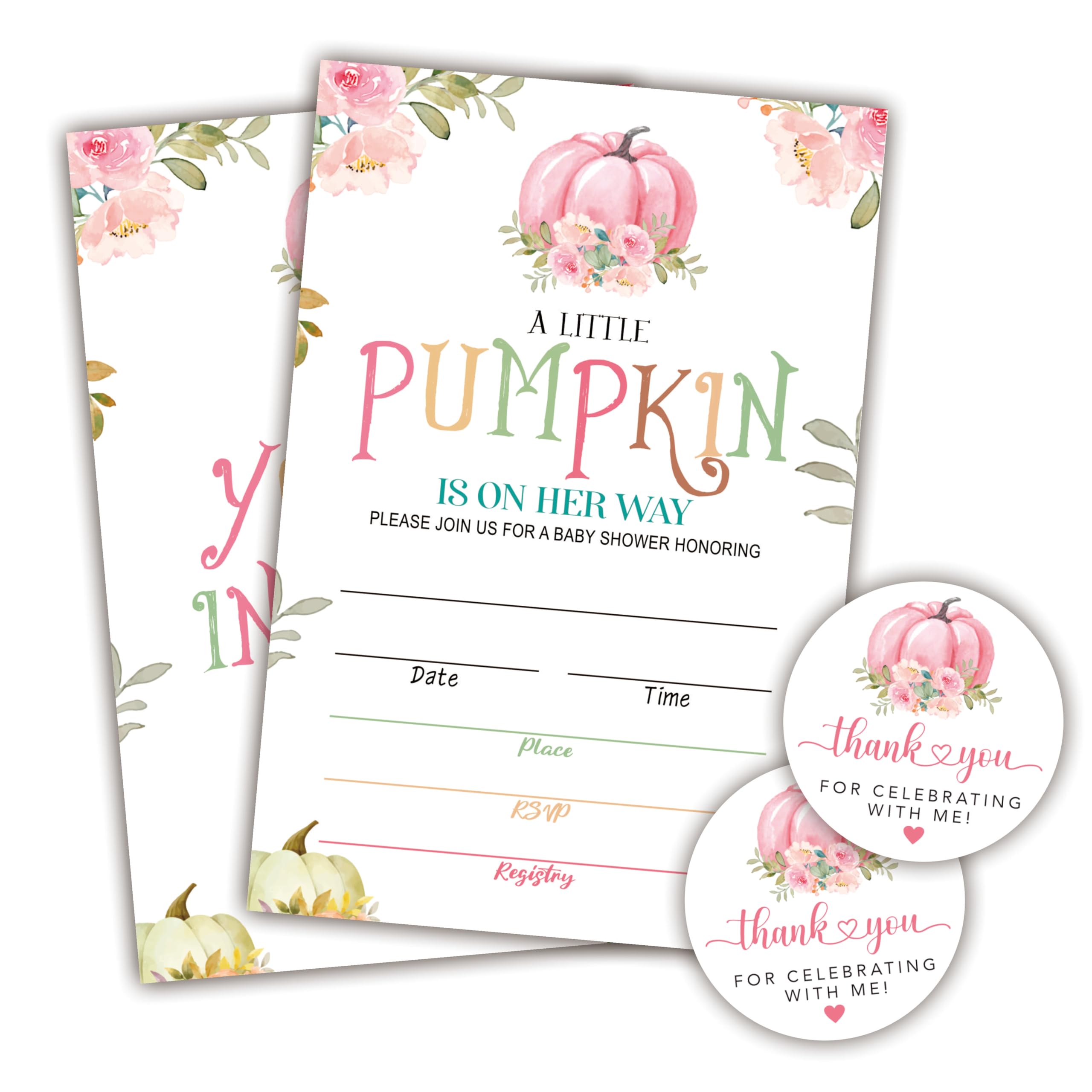 Ketsord 20 Baby Shower Invitations & Thank You Stickers - A Little Pumpkin Is On Her Way Invites, Envelopes And Adhesive Round Thank You Stickers, Gender Reveal, Baby Announcement Party Favor (A07)