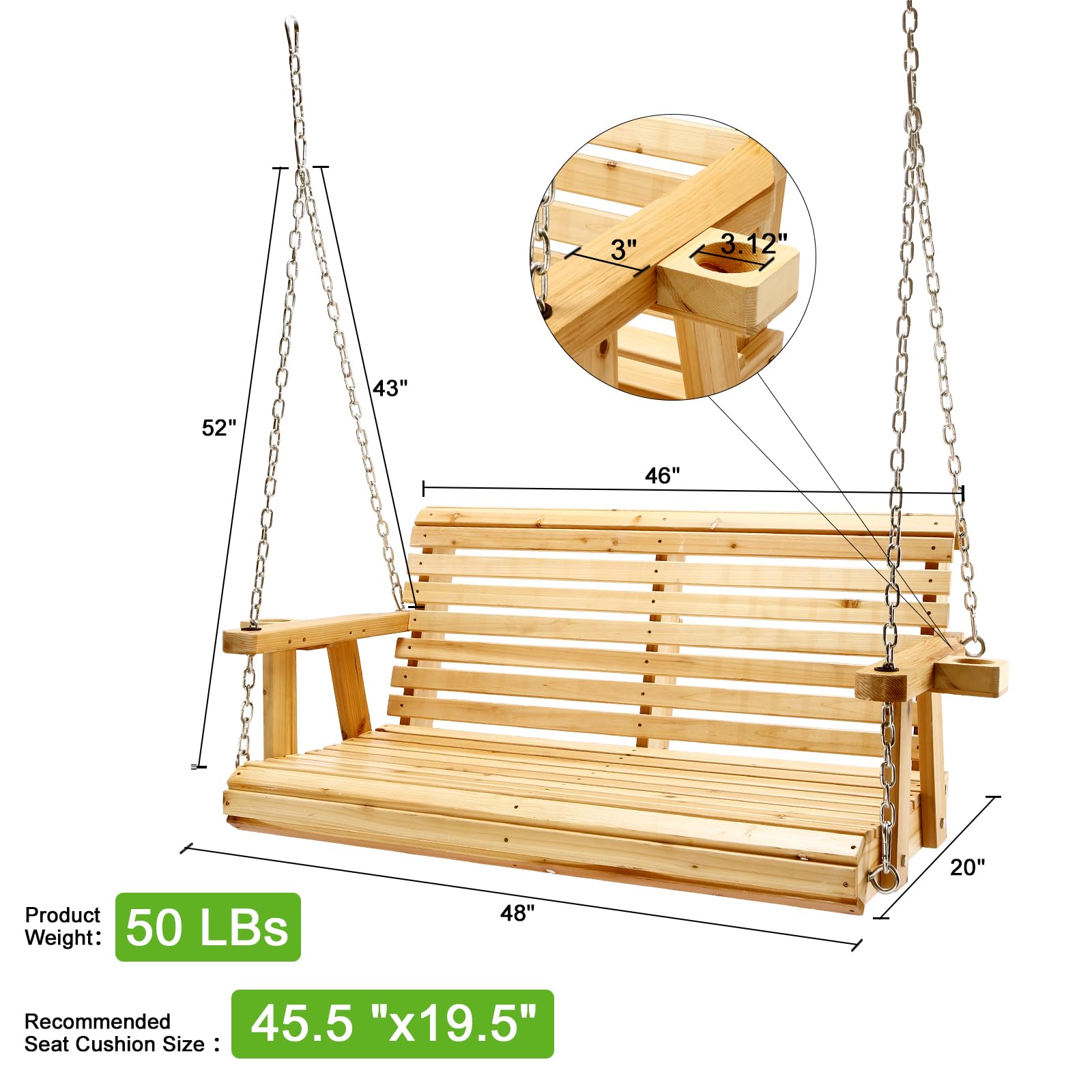 Kybolt Wooden Porch Swing with Hanging Chain,2-Seater Patio Swing Chair with Cup Holders,Outdoor Swing Bench for Porch Courtyard Garden Balcony