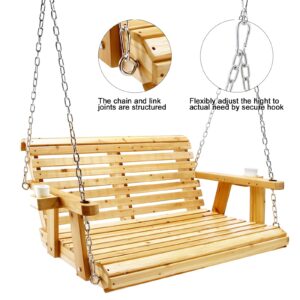 Kybolt Wooden Porch Swing with Hanging Chain,2-Seater Patio Swing Chair with Cup Holders,Outdoor Swing Bench for Porch Courtyard Garden Balcony