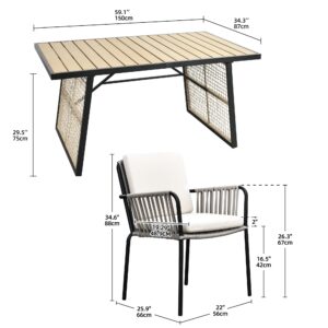 YITAHOME 3 Piece Patio Dining Set Outdoor Furniture Stackable All-Weather Comfortable Rope and Rattan Chairs & Rectangular Table for Courtyard Backyard Poolside Balcony, Nature Wood & Grey